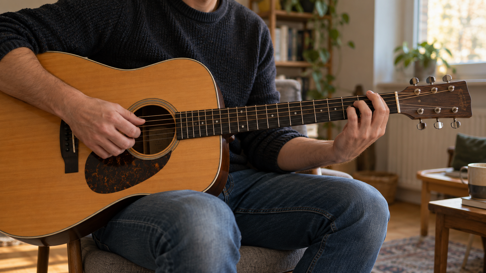 Close-up van een gitaarhals met frets en positiestippen in warm licht