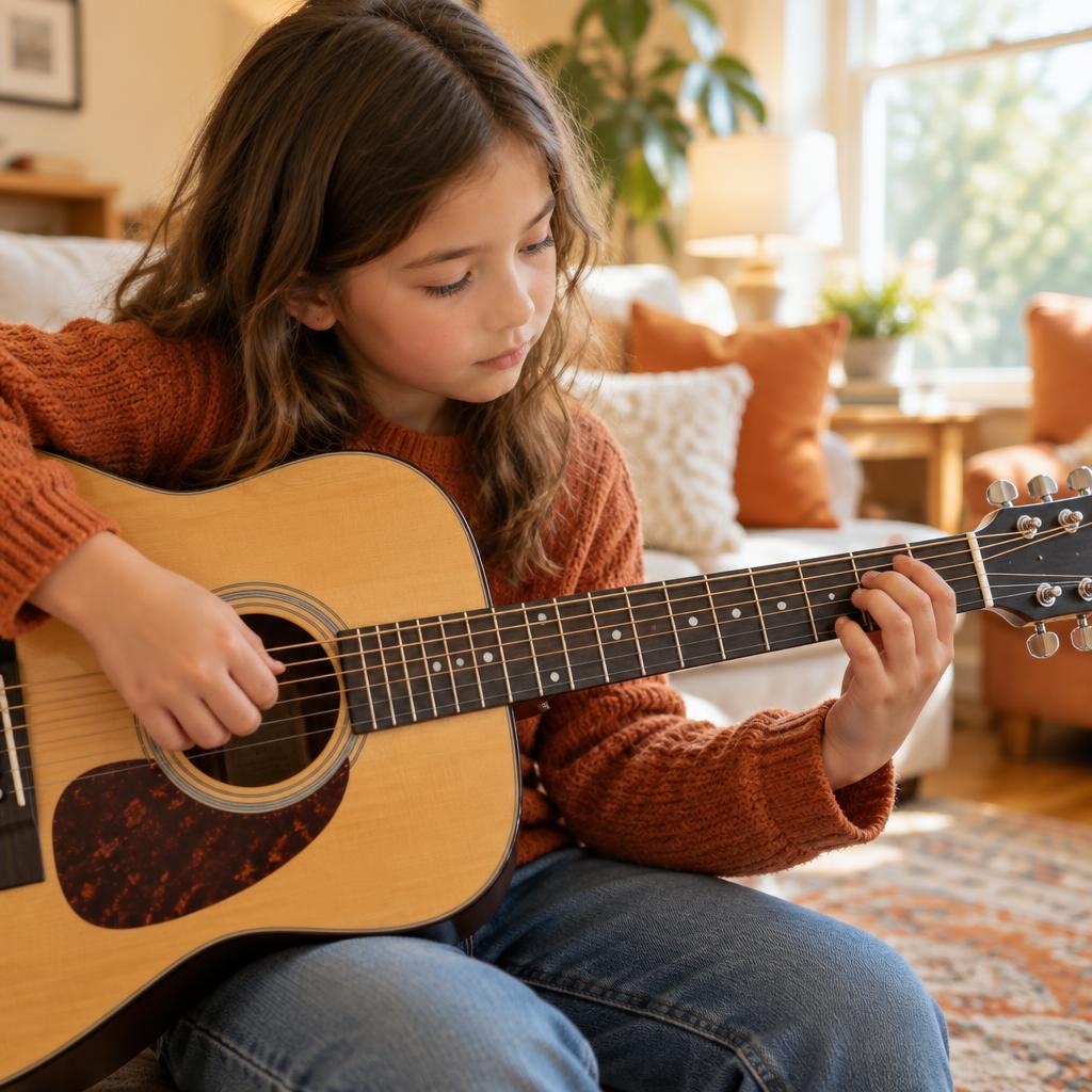 Kind oefent op een akoestische gitaar in een gezellige woonkamer