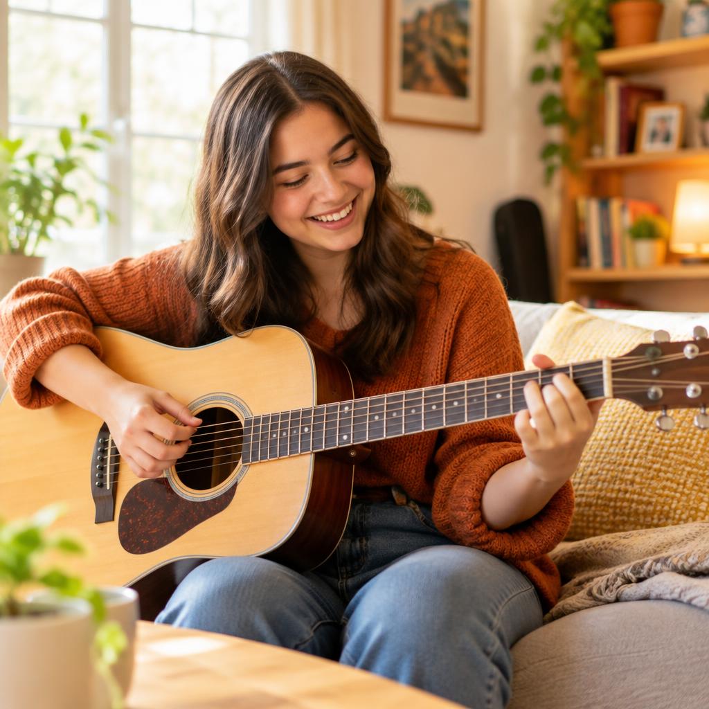Jonge gitarist speelt lachend op een akoestische gitaar in een gezellige woonkamer