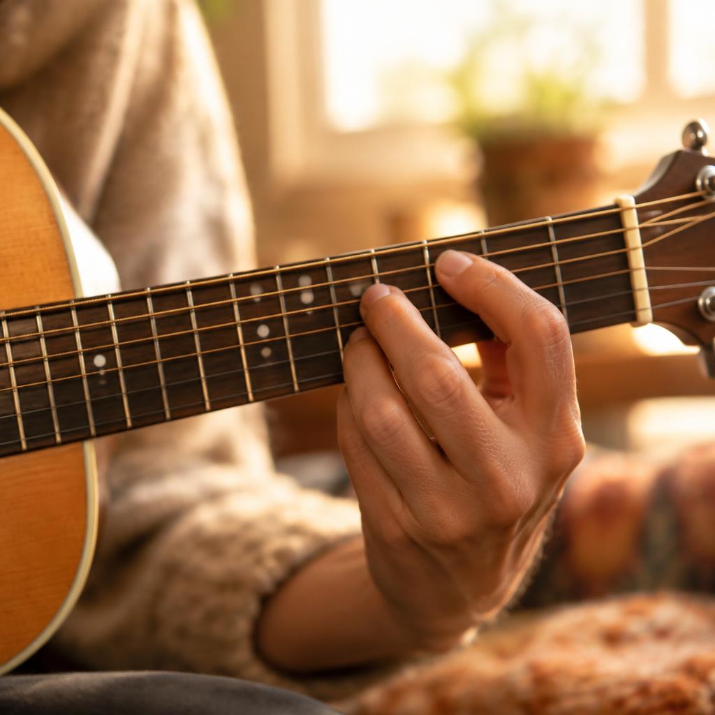 Close-up van een hand die een akkoord op de hals van een akoestische gitaar legt