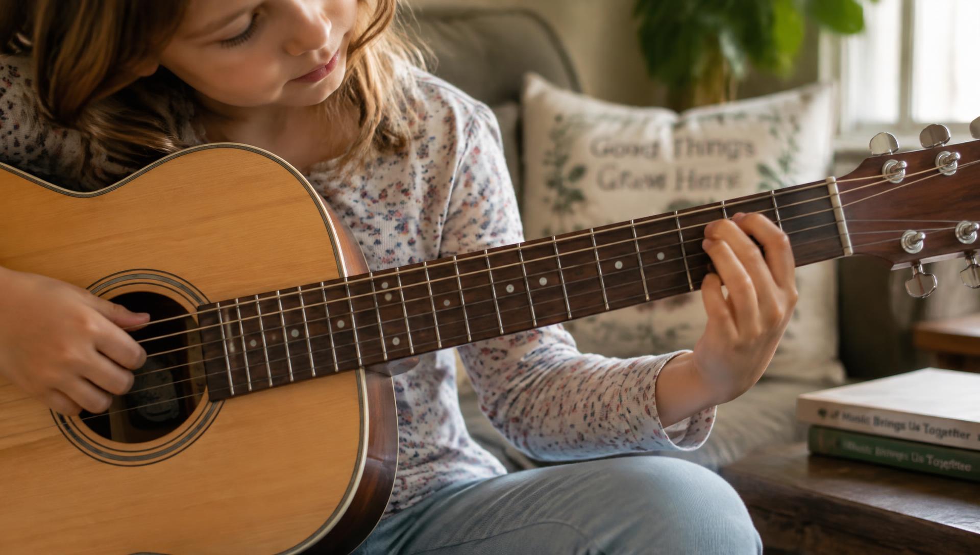 Een kind oefent zijn eerste akkoord op een akoestische gitaar