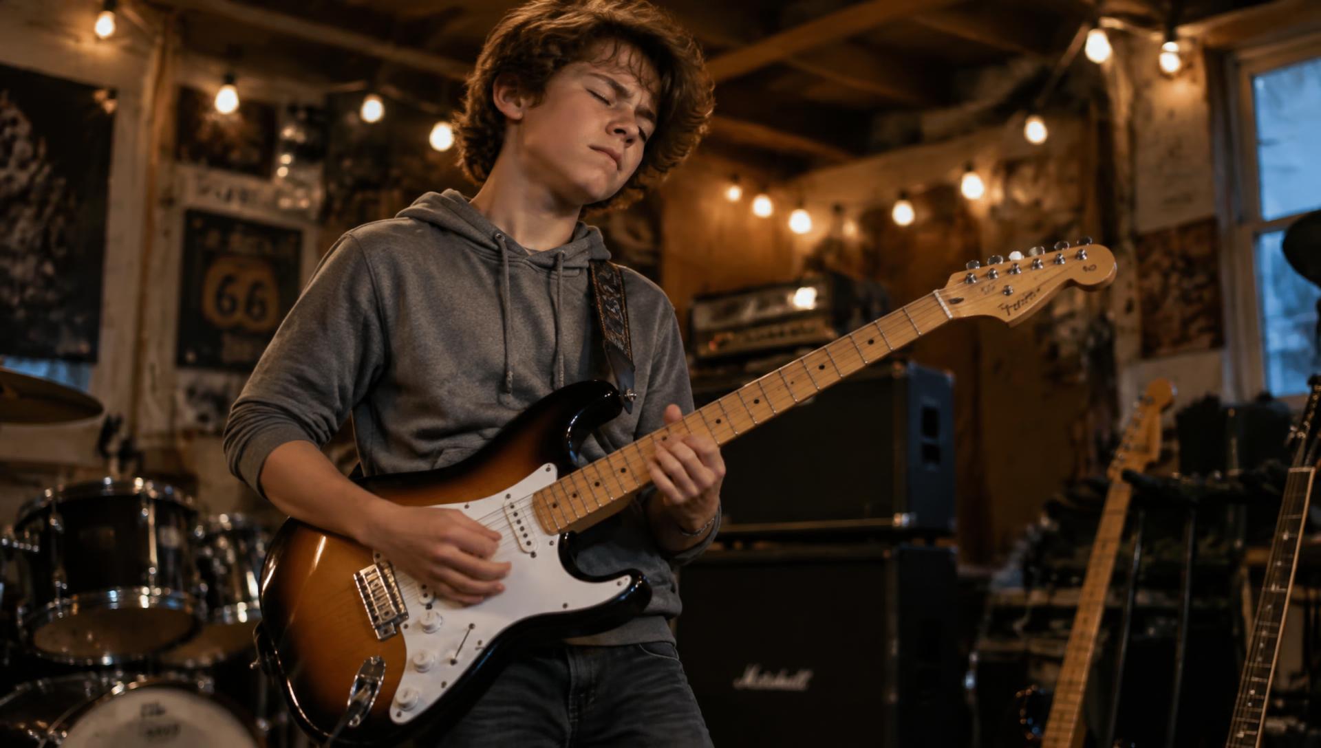 Bluesgitarist speelt op een elektrische gitaar in een donkere club met oranje licht
