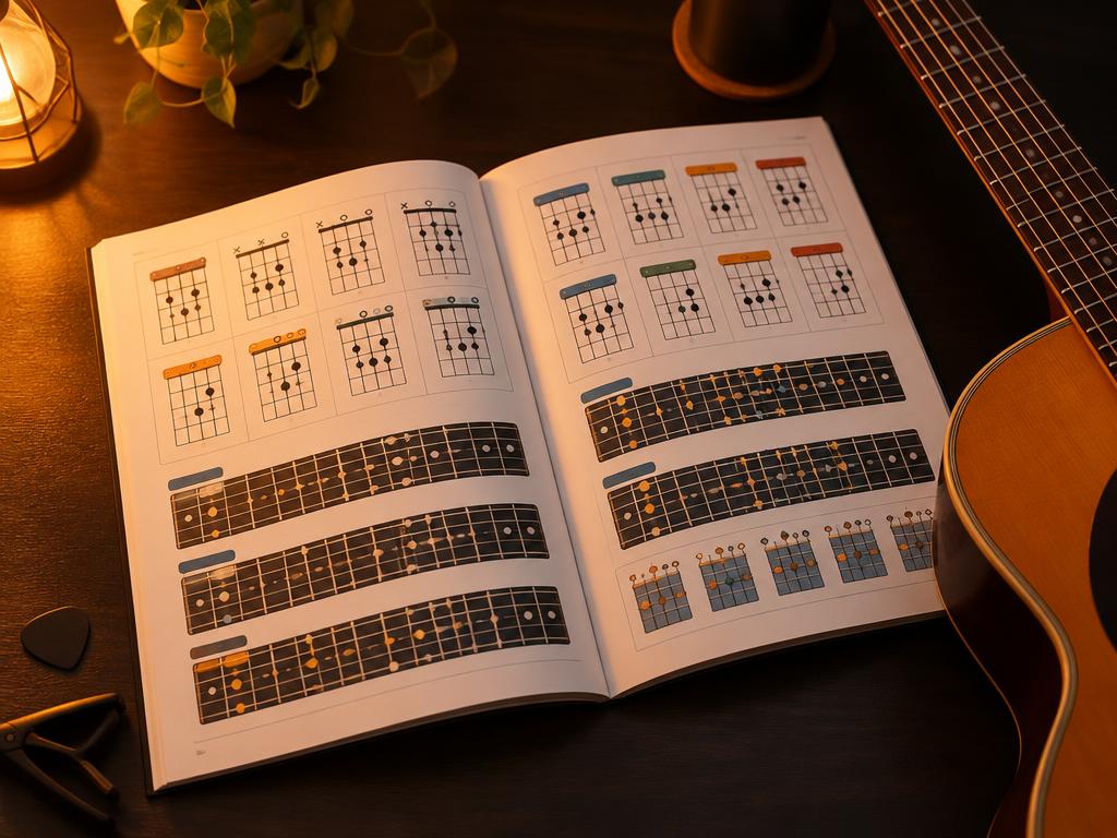 Opengeslagen gitaarlesboek met akkoorddiagrammen naast een gitaar