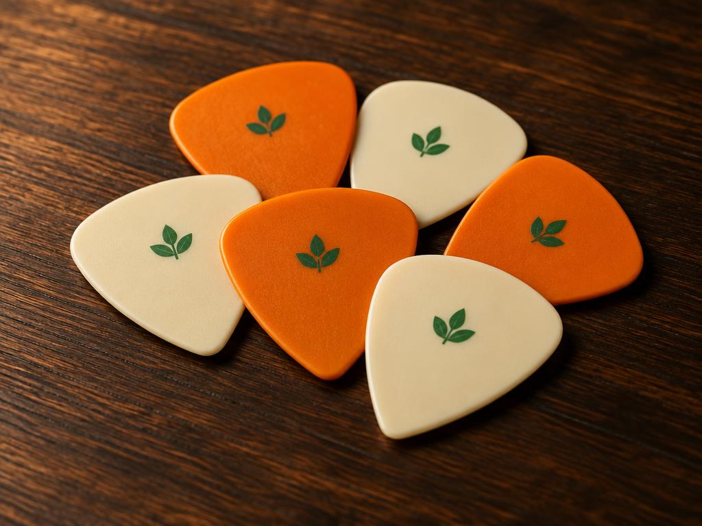 Oranje en crème plectrums op een donkere houten tafel
