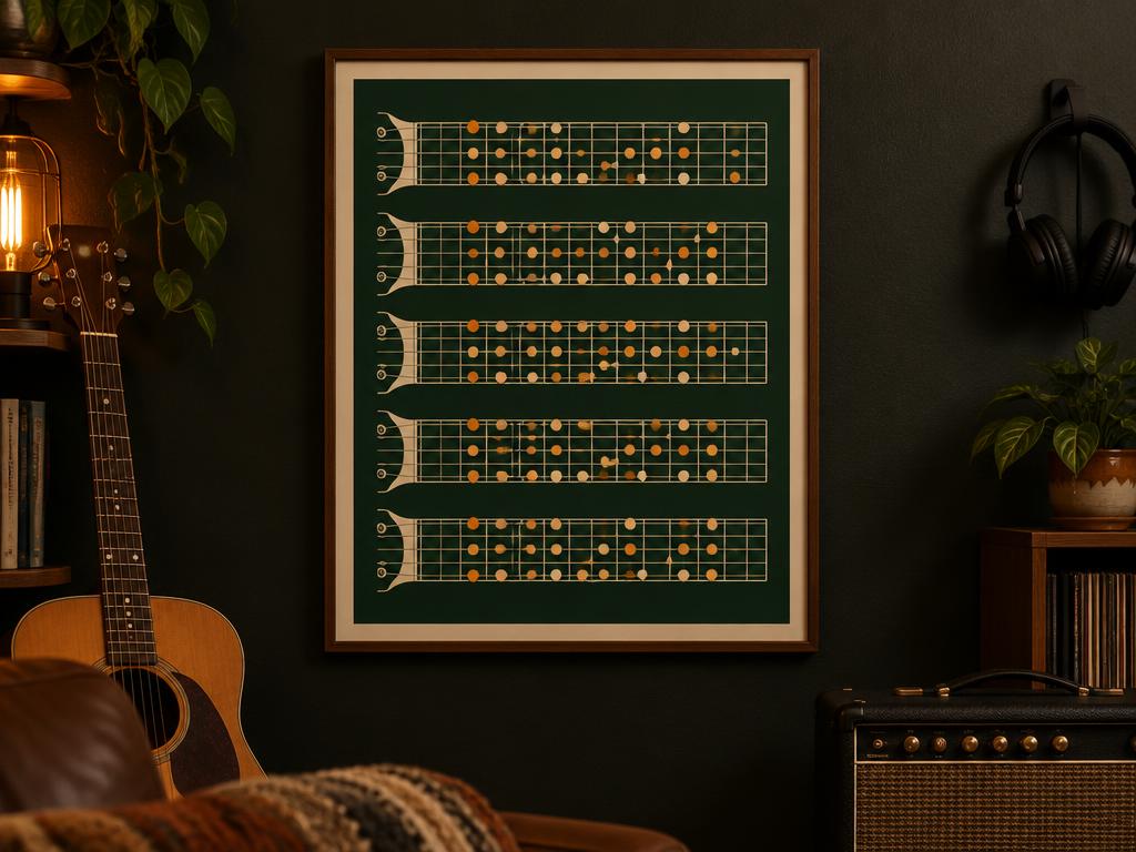 Ingelijste poster met een gitaar-fretkaart aan een donkere muur